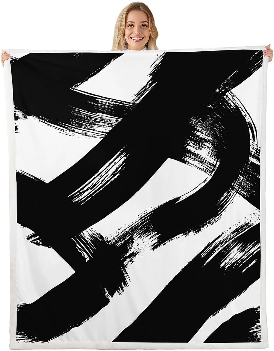 Abstract Art Throw Blanket,Black and White Lines Blankets,Modern Graffiti Striped Fleece Blanket for Kids Teens Woman Men Room Decor,Fashion Simple Sherpa Blanket,for Chair/Sofa,50"×60"