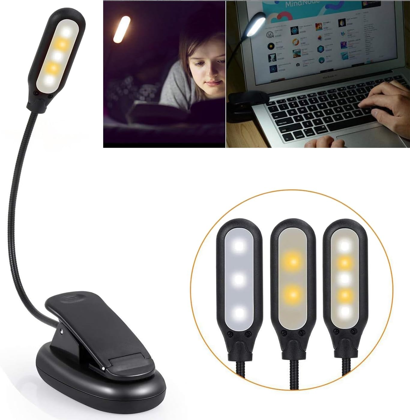 Reading Lights with 5 LED, Book Light Clip-on with 3 Changeable Color, Desk Bed Light Battery & USB Operated, for Kids, Bookworms & Students