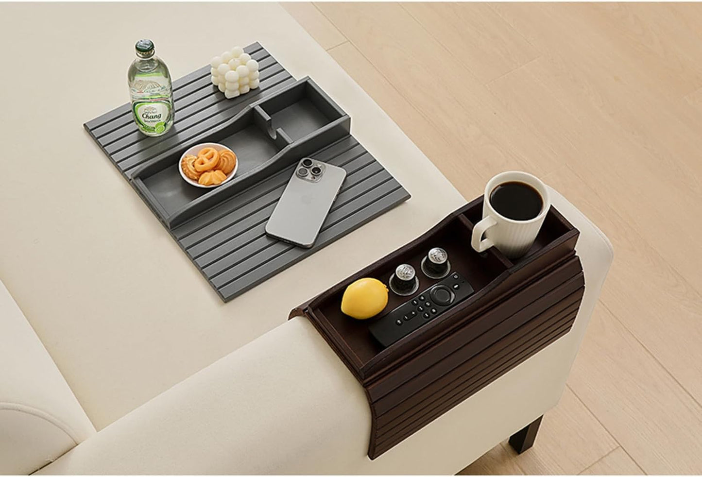 Bamboo Couch Cup Holder Arm Tray Table，Couch Drink Holder，Sofa Cup Holder Armrest Tray，Anti-Slip Foldable Arm Chair Table Tray Recliners for Drink,Cups, Snacks, Phone, Remote