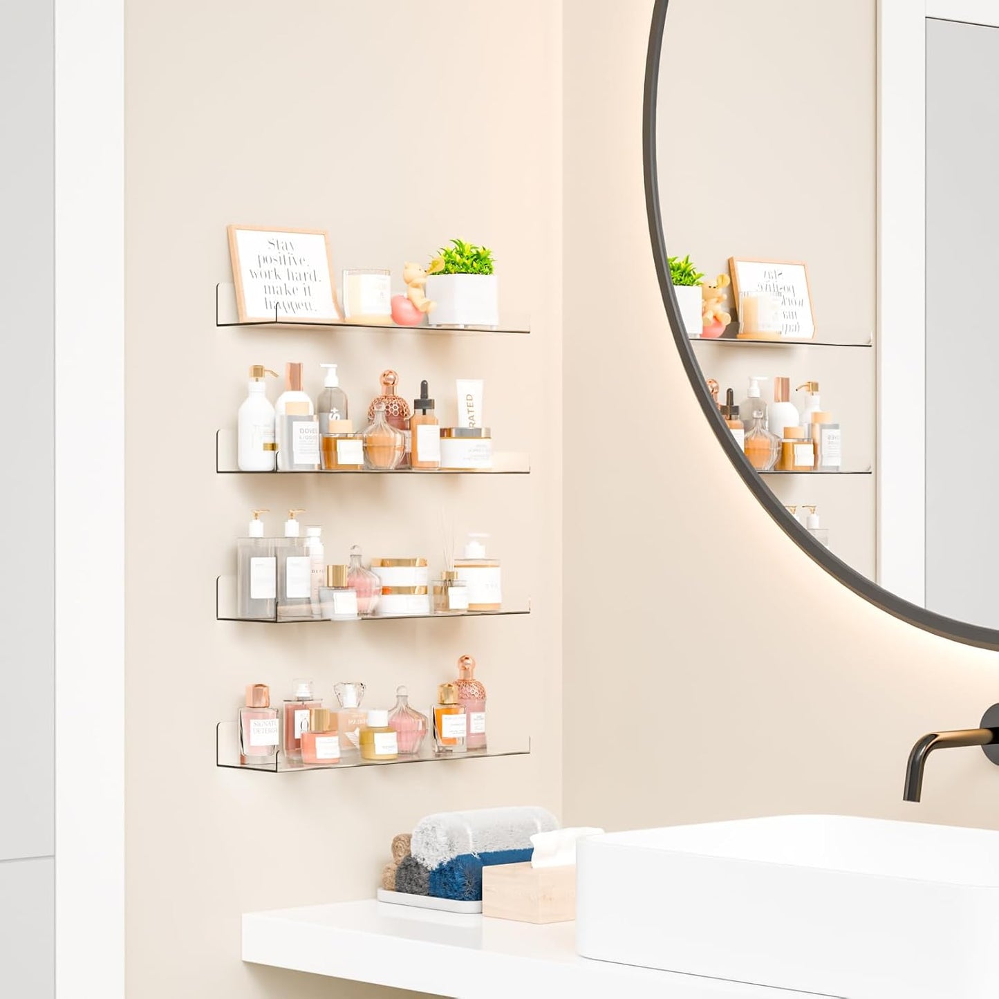 Yieach 4 Pack 15" Acrylic Shelves for Wall,Bathroom,Bedroom - with Adhesive - No Drilling Clear Floating Shelves for Funko Pop,Lego,Action Figures,Nail Polish,Perfume Shelf and Wall Storage & Display