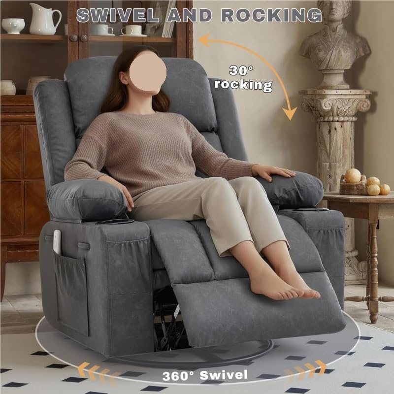 Rocker Recliner Chair with Heat and Massage for Adults Elderly Oversized 360 Swivel Recliners Chairs Single Sofa Seat for Living Room Bedroom