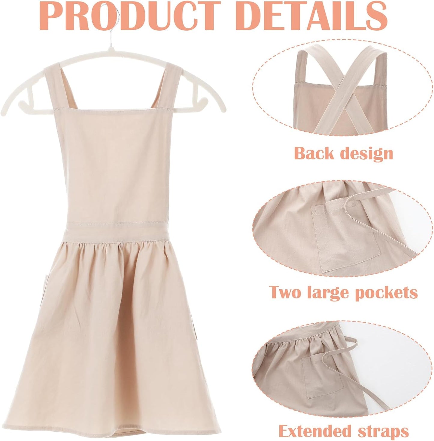 Kids Cross Back Apron with Pockets, Toddler Apron for Girls and Boys, Japanese Style Pinafore Aprons for Toddler Painting, Cooking, Baking, Gardening - Beige