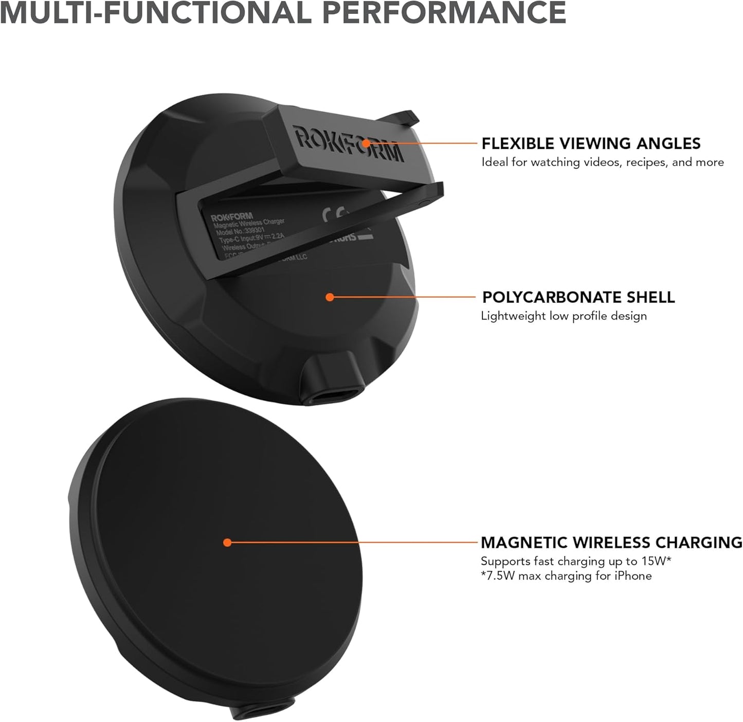 Rokform Magnetic Wireless Charger with Stand, Includes USB-C to USB-C Cable (Black)