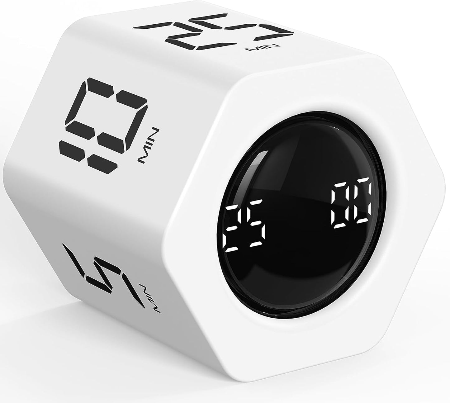 Rotating Pomodoro Timer 5, 25, 10 30,60 Mins Preset Stopwatch, Desk Flip ProductivityTimer, ADHD Tool Hexagon, Vibration/Mute/Alarm, for Work, Study, Back to School, Kitchen, White