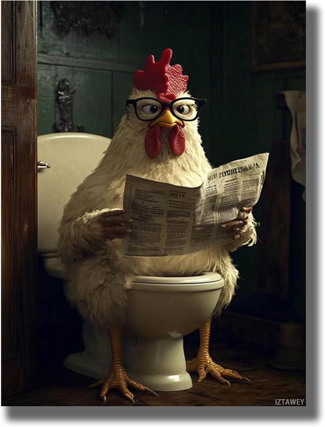 IZTAWEY Funny Chicken Reading Newspaper on Toilet, Canvas Wall Art Print, Cute Animals Picture Wall Decor for Home Bedroom Kitchen Living Room Bathroom Office Cafe 12x16inch No Frame