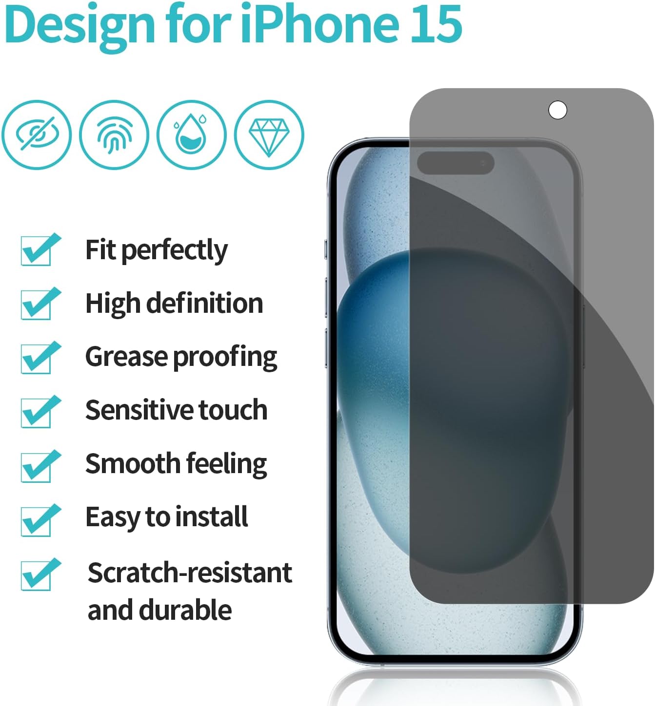 PEHAEL 2+2 Pack for iPhone 15 Privacy Screen Protector with Camera Lens Protector Full Coverage Anti-Spy Tempered Glass Film 9H Hardness Easy Installation Bubble Free [6.1 inch]