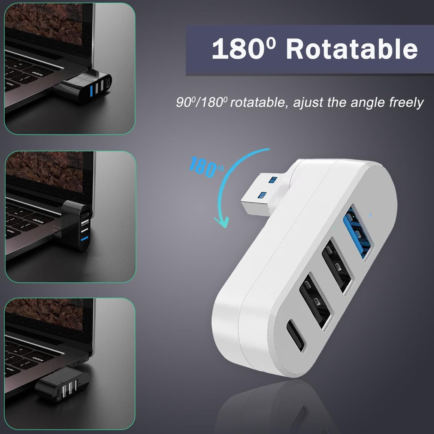 VIENON 4-Port USB 3.0 Hub [90/180 Rotatable], USB Splitter with 3 USB Ports & 1 USB C Power/Data Port, USB Extender for Laptops, Cars, iMac, MacBook Air, MacBook Pro