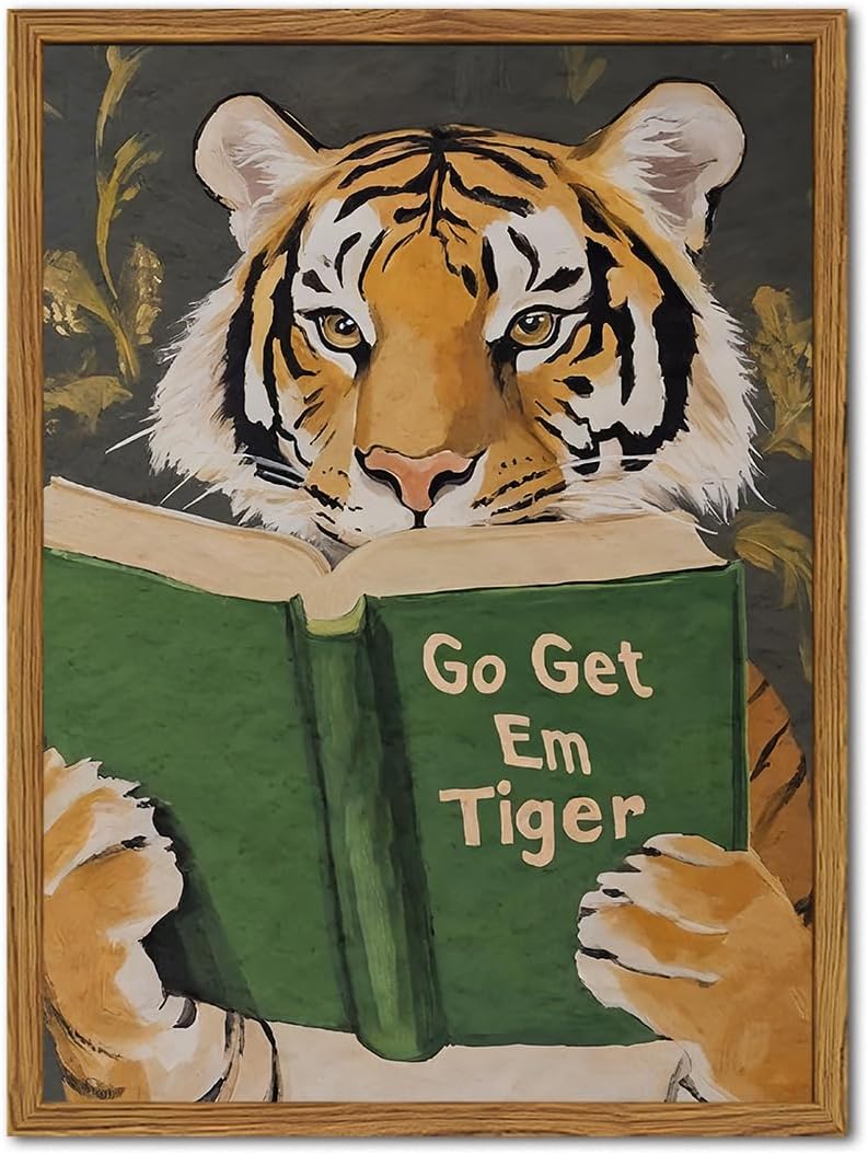 Framed Funny Tiger Wall Art, Motivational Animal Reading Wall Decor Paintings, Eclectic Go Get Em Tiger Canvas Prints Pictures Home Decor for Living Room Bedroom Dorm Office 12x16 inch