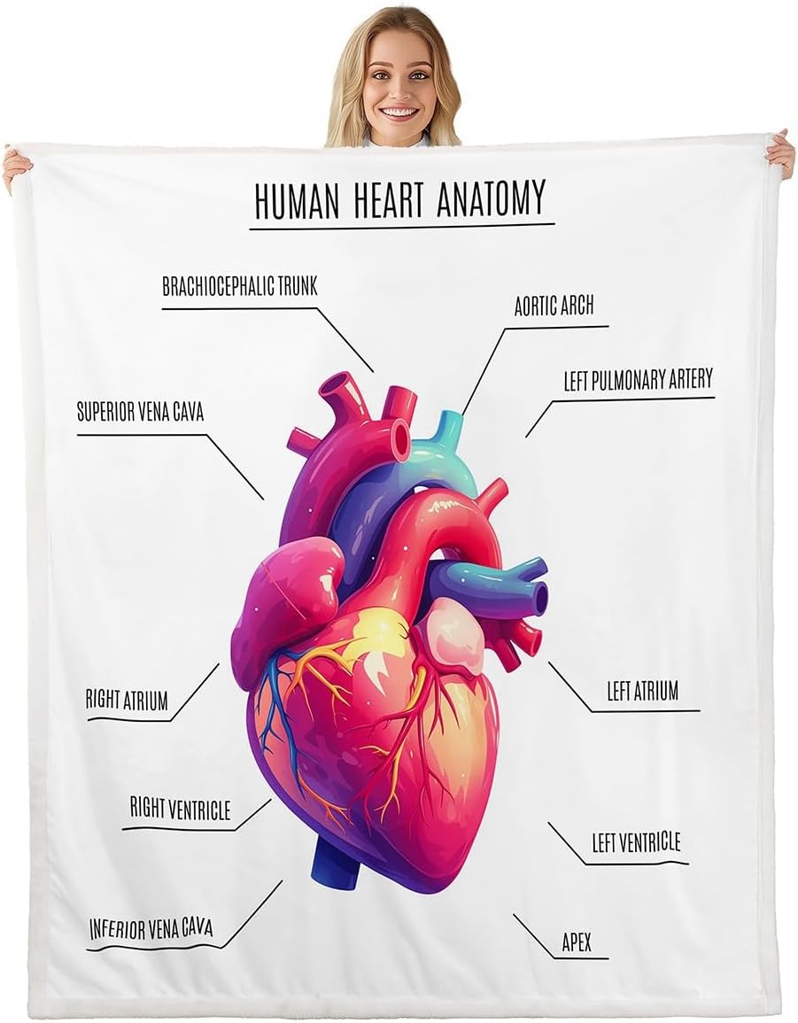 Feelyou Heart Print Fleece Blanket for Sofa Chair Couch Human Heart Anatomy Pattern Sherpa Blanket Decorative Medical Science Style Plush Throw Blanket Body Organs Warm Fuzzy Blanket Throw 50"x60"