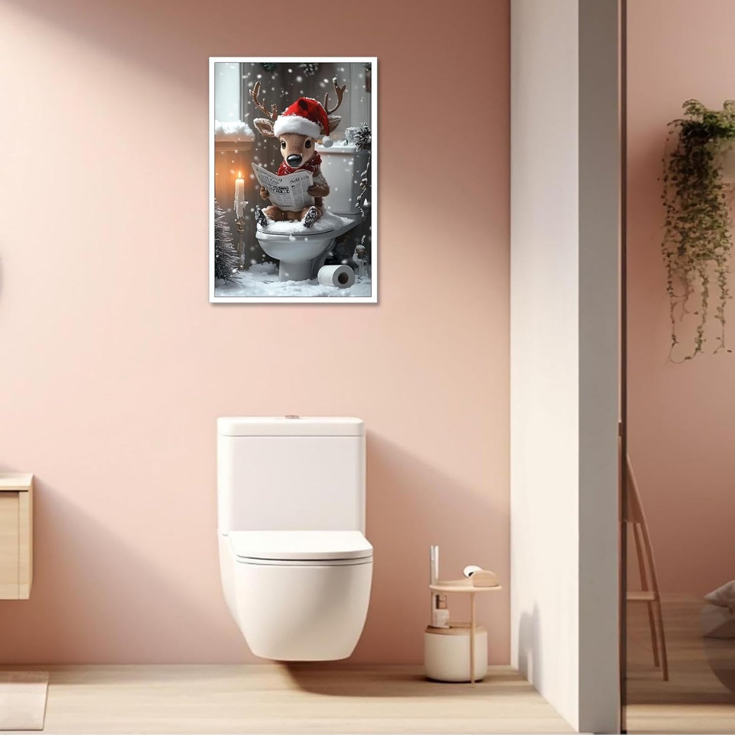 Vintage Merry Christmas Cute Animal Reading Newspaper On Toilet Posters Winter Aesthetics Canvas Wall Art Botanical Prints Painting For Home Bedroom Dorm Wall Decor 8X12in Unframed
