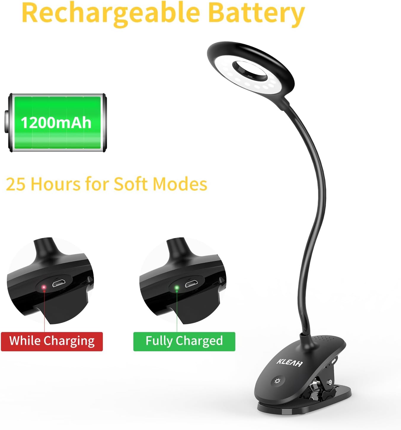 KLEAH Clip on Light for Bed & Desk, Reading in Bed, Dorm, Battery Operated Rechargeable Clamp Lamp for Headboard, Eye-Caring LED Light with 3 Brightness Modes & Flexible Gooseneck (Black)