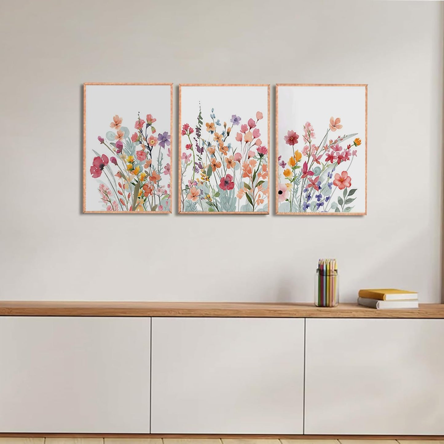 MTFBWY 3Pcs Framed Wildflower Canvas Wall Art – Red Floral Wall Art Watercolor Prints, Pink Botanical Artwork, Colorful Flower Pictures Decor Printing for Living Room, Bedroom, Bathroom 16L x 12W
