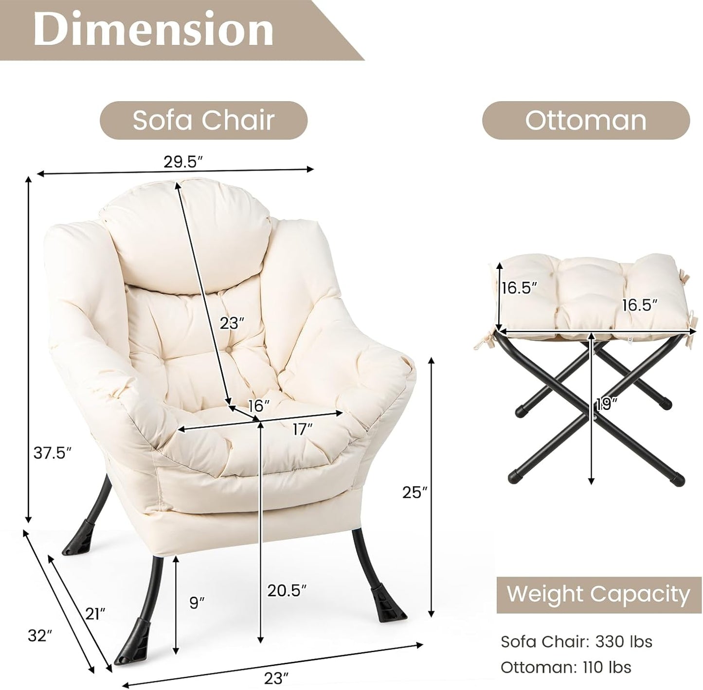 GOFLAME Lazy Chair with Ottoman, Modern Large Accent Chair with Folding Footrest, Head Pillow, Armrests and Side Storage Pocket, Upholstered Reading Chair for Living Room, Bedroom, Office, Beige