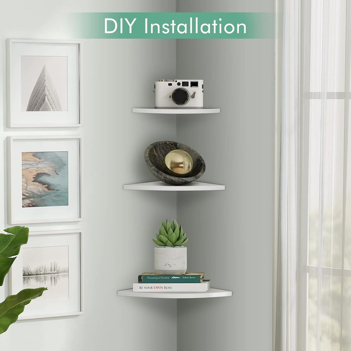 GOTOTOP White Corner Shelf 30Cm 3Pcs Wall Corner Floating Shelf, Wall Mounted Floating Corner Shelf Storage Rack Bookshelves for Kitchen Bedroom Office Hotel Decor, 5Kg Loading Below