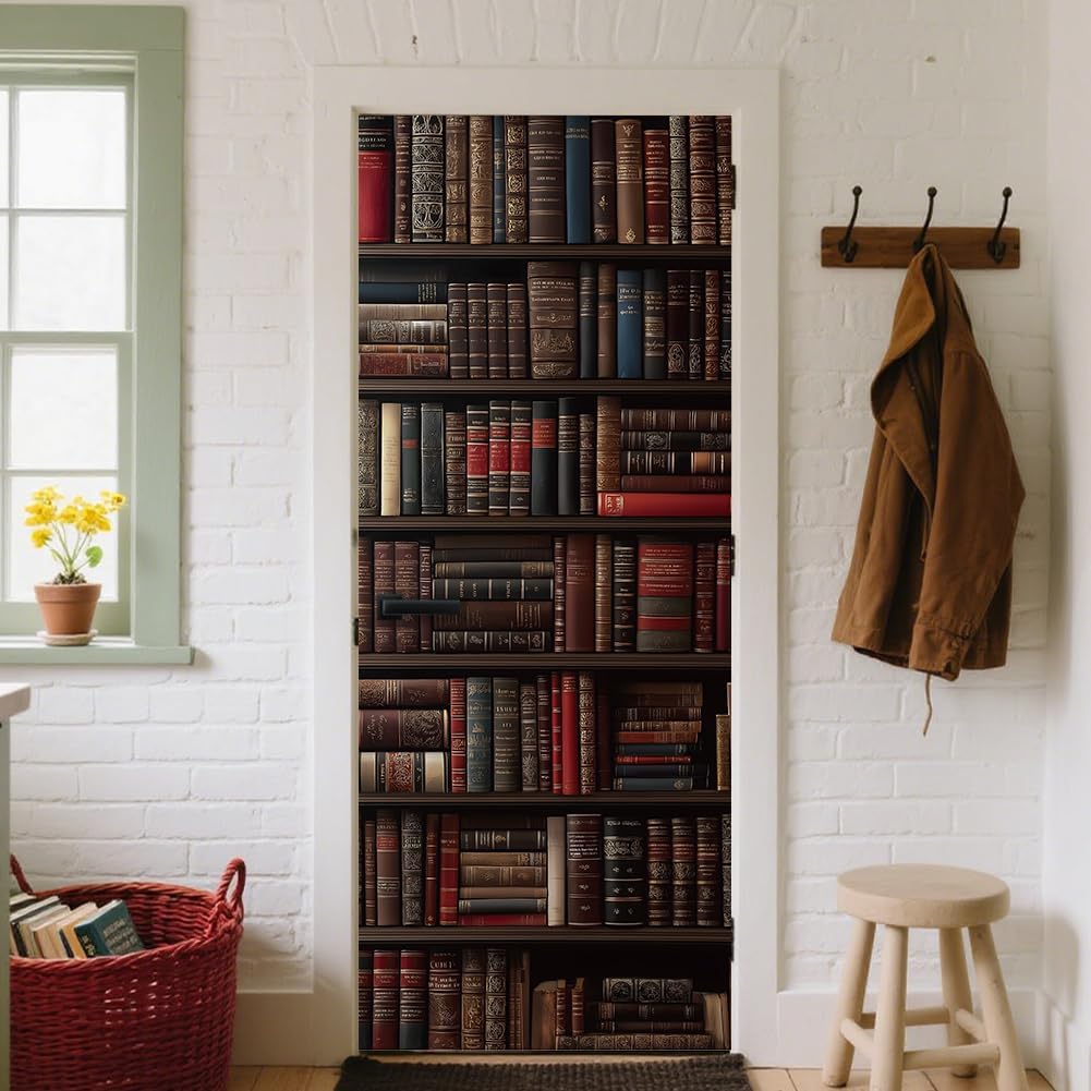 2Pcs Vintage Bookshelf Door Sticker Decals Books Removable PVC Door Decals Brown Wood Self-Adhesive Doors Wallpaper for Bedroom Library Cafes Doors 79 * 31in/200 * 80cm