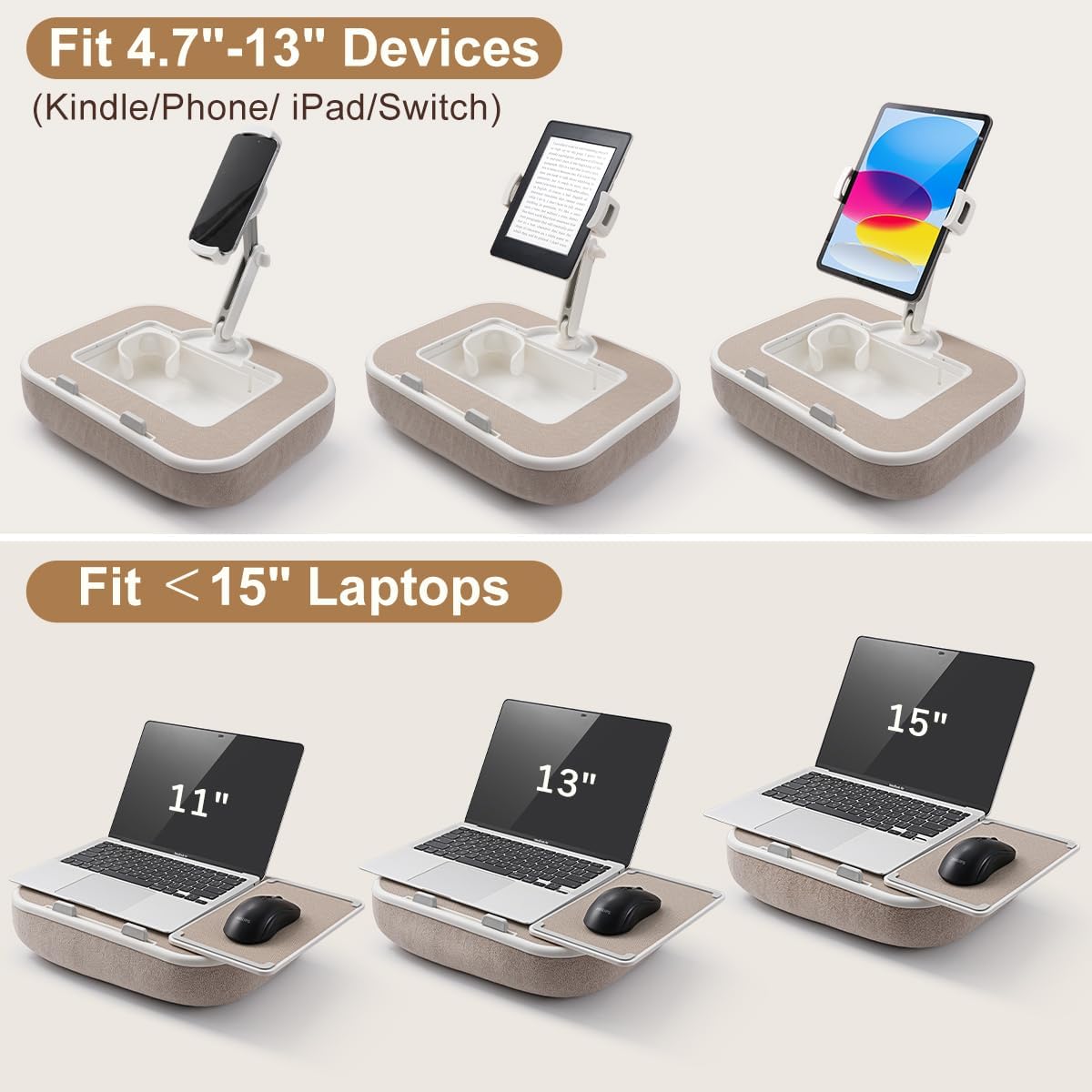 Tablet Pillow Stand,Phone Holder for Bed,Laptop Lap Desk with Snack Bowl,360° Rotating Clip Compatible with 4.7-13" iPad/Kindle/Phone,11-15" Laptop,Hands-Free Reading and Relaxation on Bed(Khaki)