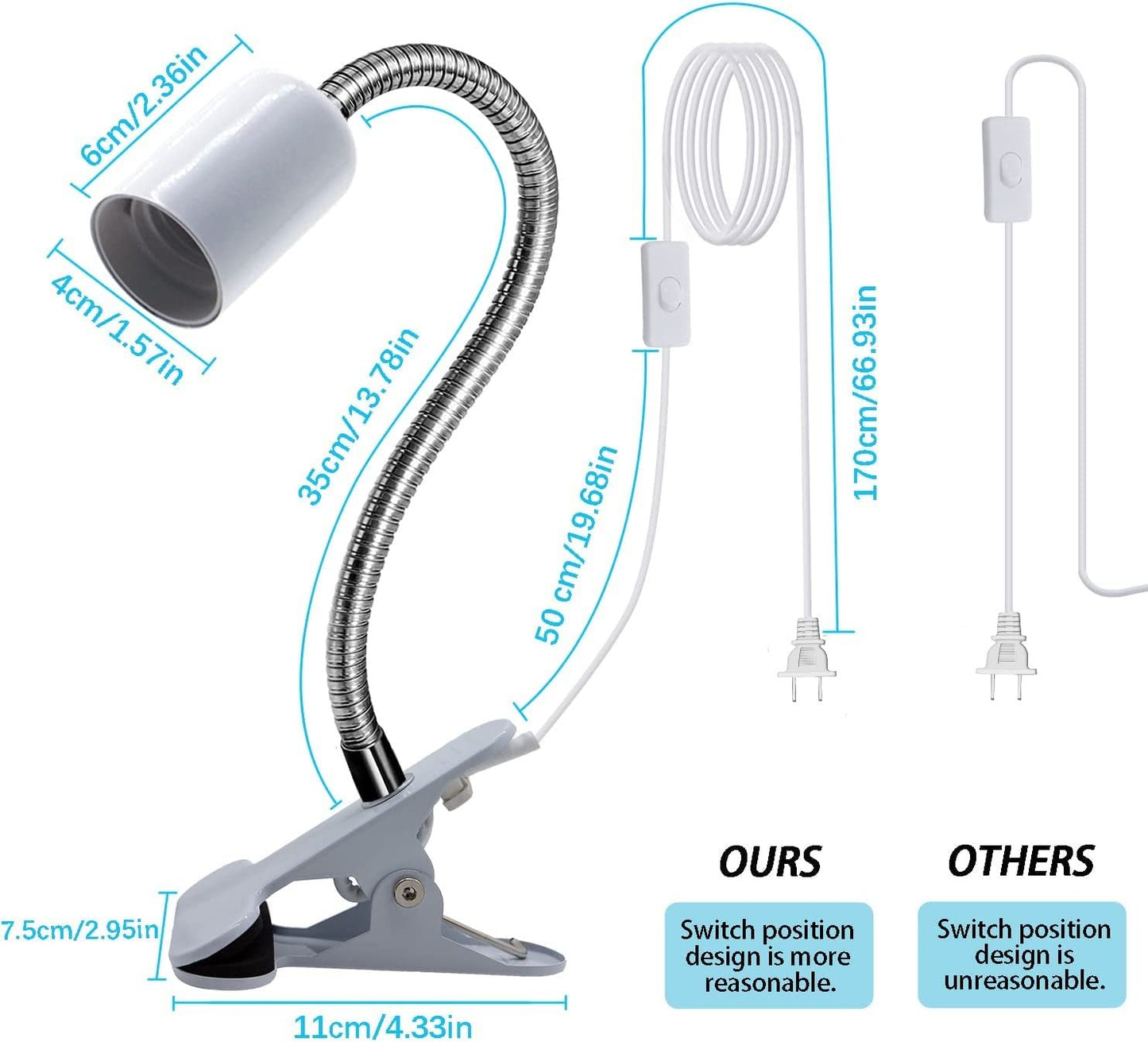 Clip on Lamp Holder, White Clamp Light Socket, Clip on Desk Lamp, E26 Book Clamp Light Fixture, 360° Flexible Gooseneck Lighting, E27 Bulb Holder with 7 Ft Plug and Switch, for Bedside