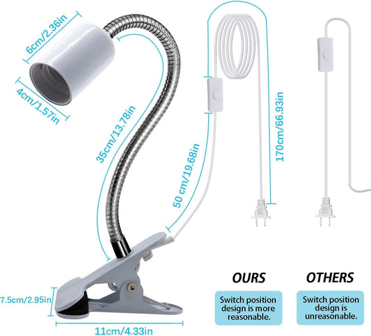 Clip on Lamp Holder, White Clamp Light Socket, Clip on Desk Lamp, E26 Book Clamp Light Fixture, 360° Flexible Gooseneck Lighting, E27 Bulb Holder with 7 Ft Plug and Switch, for Bedside