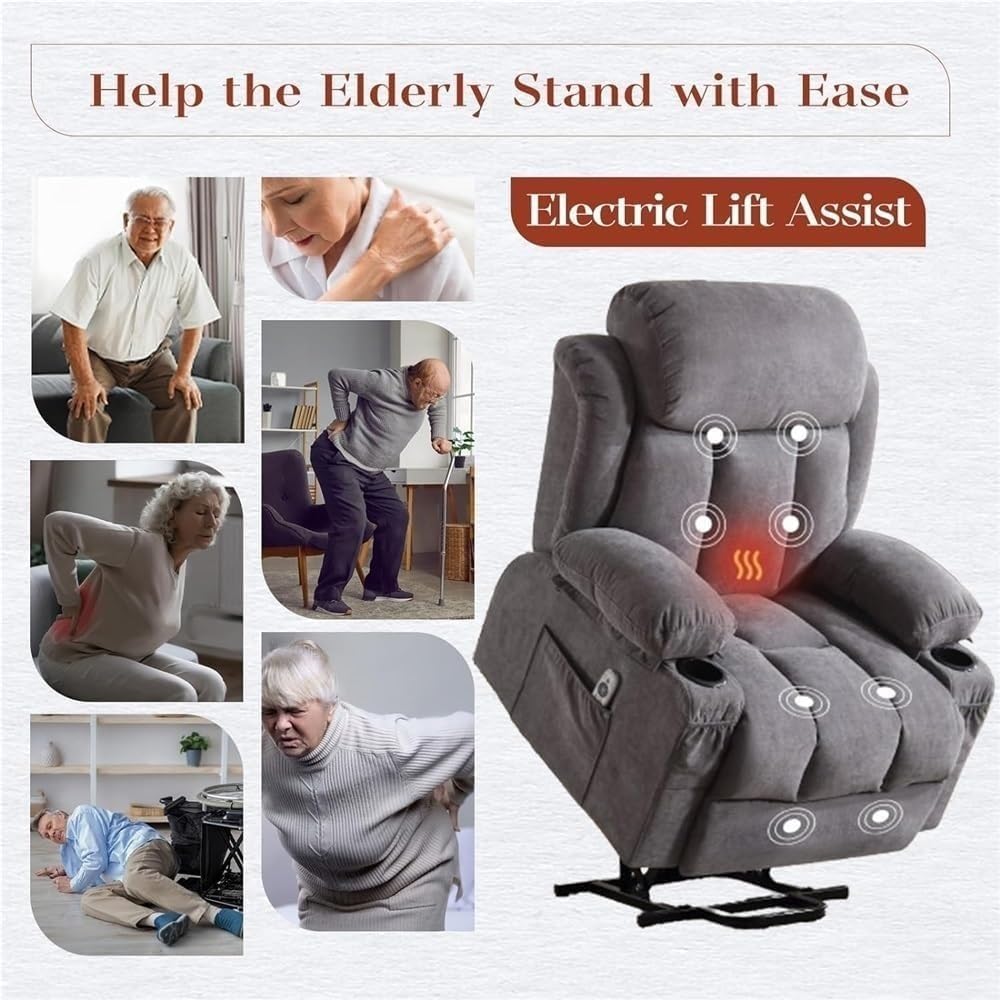 Electric Lift Recliner Chair for Elderly with Heat and Massage Ergonomic Single Lounge Chairs Comfortable Home Theater Seating for Living Room with Cup Holders Side Pocket