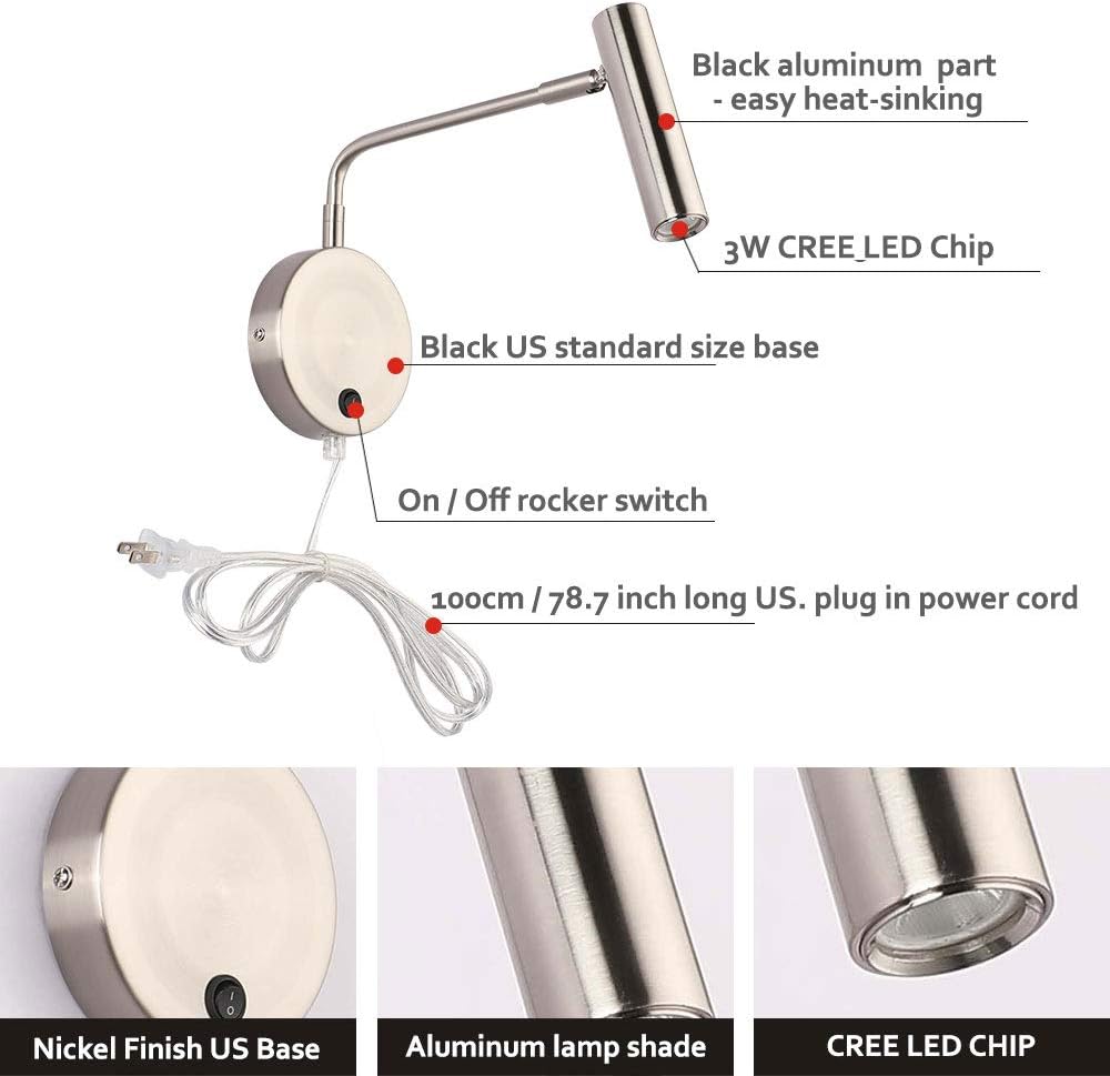 Joossnwell Wall Mounted Lamp, Sconce Light with Plug in Cords Wall Reading Light with Switch for Living Room Bedroom Warm White 3000K