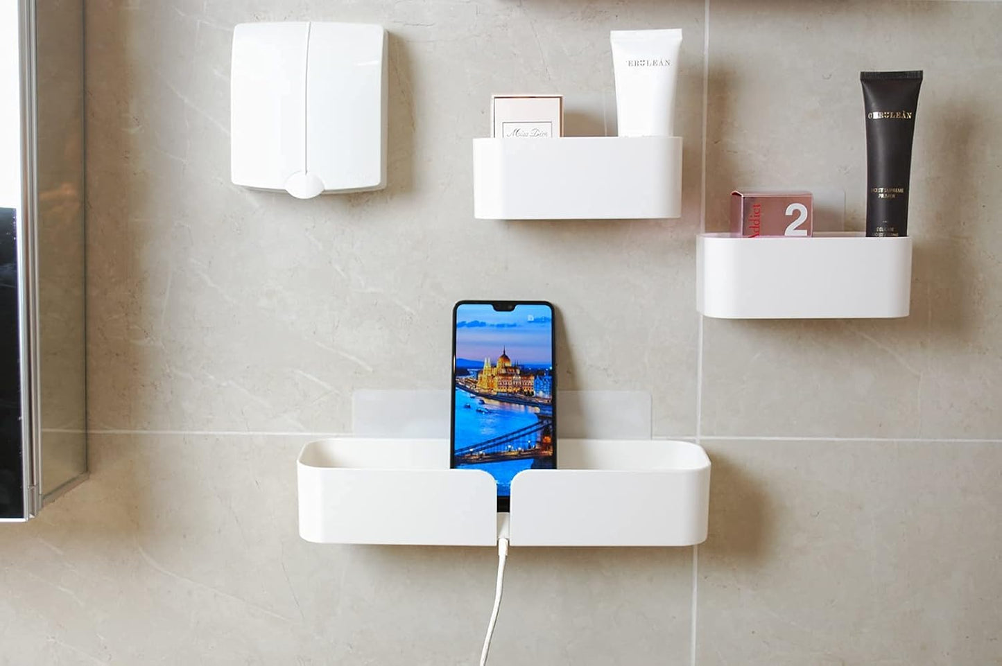 Adhesive Wall Mounted Shelves, Durable ABS Plastic Hanging Storage Bins White, Excellent Floating Organizer 4pcs Set, Convenient Storage Solution on Smooth Wall Surface