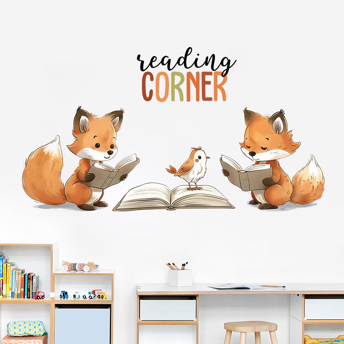 Reading Fox Wall Stickers Decals, Reading Corner Decorative Nursery Kids Room Wall Art Decor, Library Read Book Nook Home Classroom Playroom Decorations Gift
