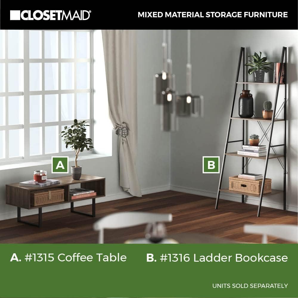 ClosetMaid Rectangular Wood Coffee Table with Storage Shelves, Narrow, 39.45" Wide, Light Finish, Gray
