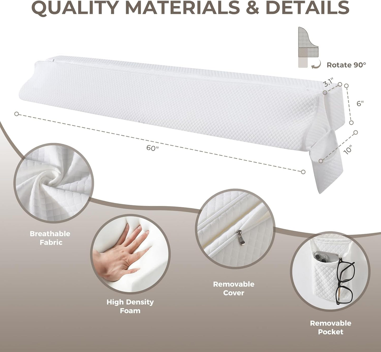 Bed Wedge Gap Filler Queen Size, Wedge Pillow for Headboard Gap, Foldable Mattress Gap Filler Close The Gap (0–7") Between Headboard and Mattress, Bed Crack Pillow, 60×10×6 in, White