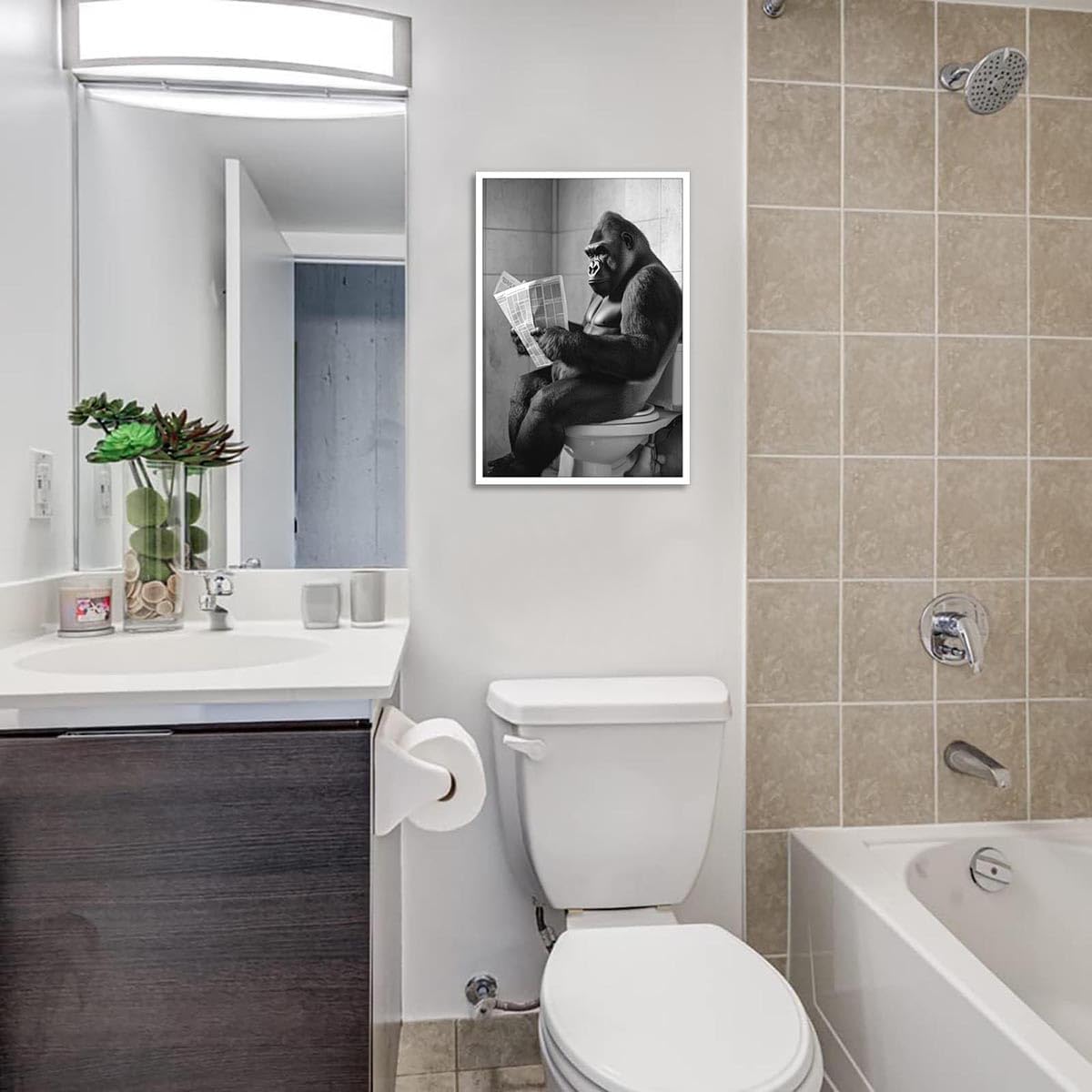 Vintage Funny Gorilla Sitting On Toilet Reading Newspaper Posters Black And White Modern Canvas Wall Art Cute Animal Prints Painting For Home Bedroom Dorm Wall Decor 8x10in Unframed