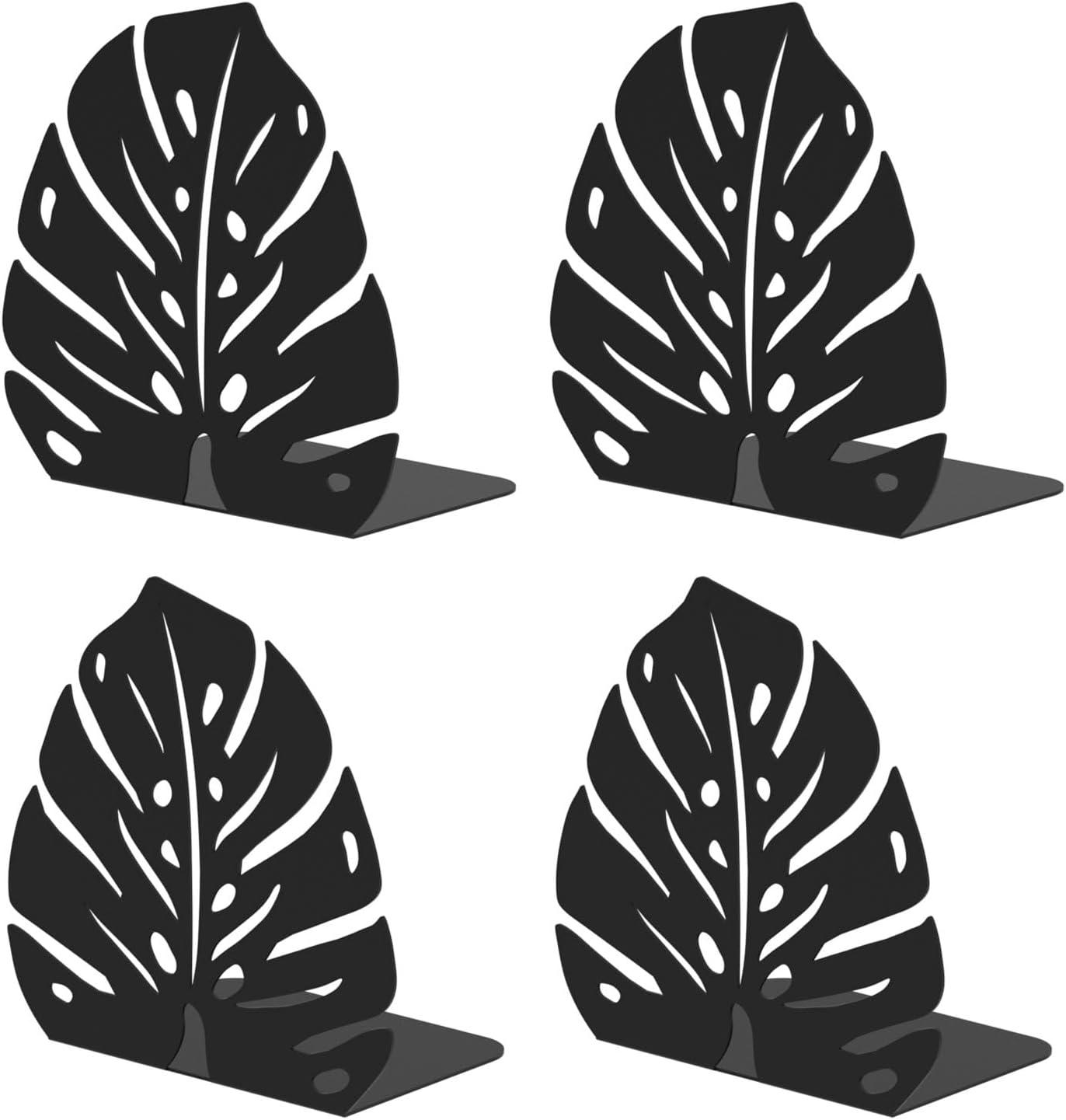 Decorative Bookends for Shelves, Sturdy Metal Book Ends for Heavy Books, Cute Monstera Design Non-Skid Book Stopper (2 Pairs, Black)