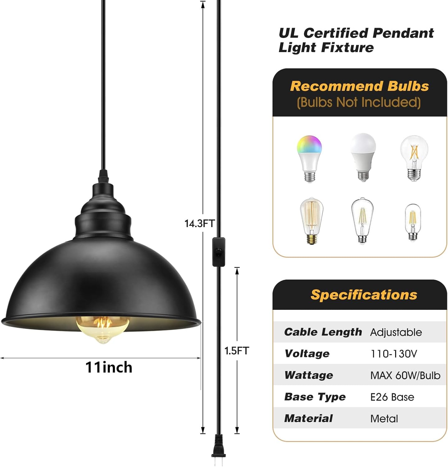 Plug in Pendant Light, 15FT Hanging Lights with Plug in Cord, On/Off Switch, Industrial Pendant Light with Plug in Cord, Metal Hanging Lamps for Living Room, Kitchen, Dining Room-Large Black