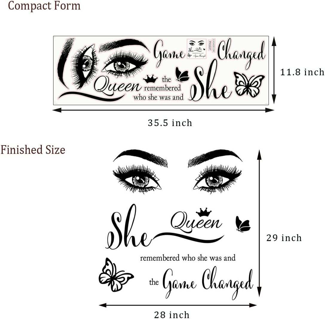 Inspirational Wall Sticker Pretty Eyelashes Eyes Wall Decals Motivational Word Letter Decal Wall Art Quote She Remembered Who She Was and The Game Changed Wall Stickers for Women Girls Bedroom Living