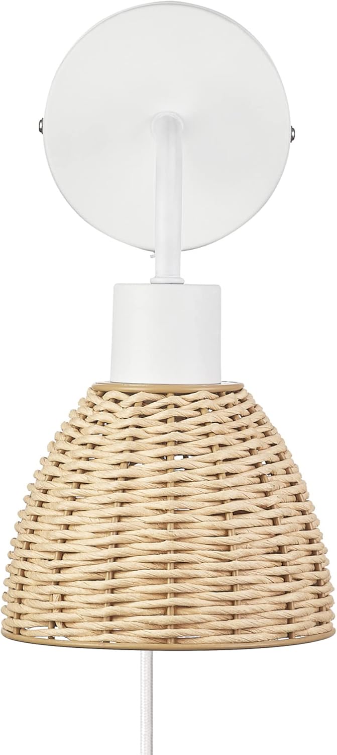 Globe Electric 65928 Briar 1-Light Plug-in or Hardwire Wall Sconce, Matte White, Rattan Shade, 6ft White Braided Fabric Designer Cord, in-Line On/Off Rocker Switch