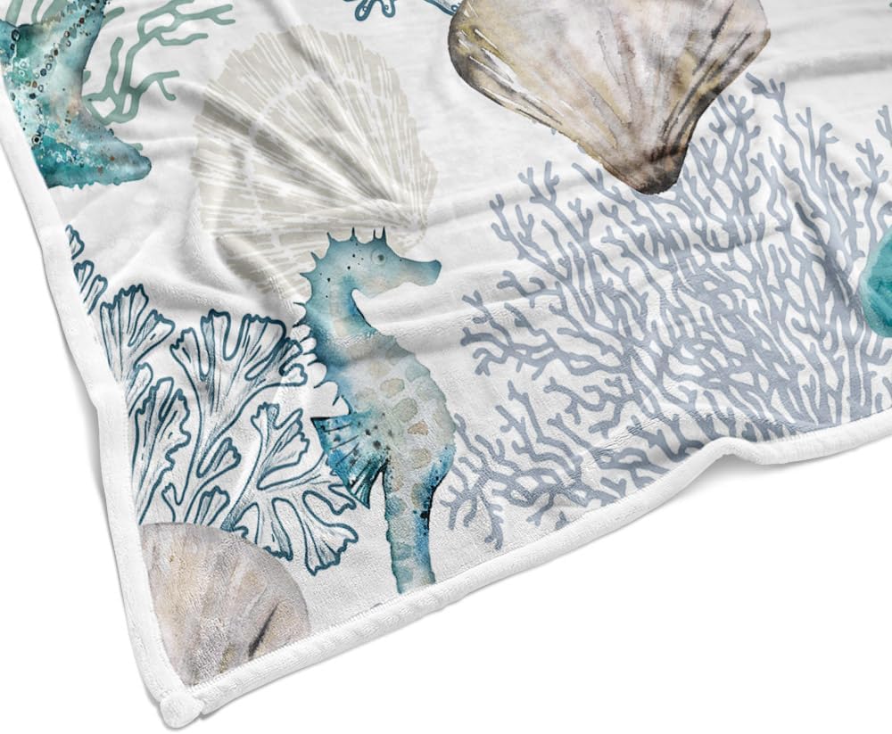 Nautical Beach Throw Blanket, Summer Coastal Ocean Themed Blankets for Adults Kids Woman, Sea Starfish Seashell Coral Teal Throws Blankets for Couch Bed Room Sofa Decor,50X60IN