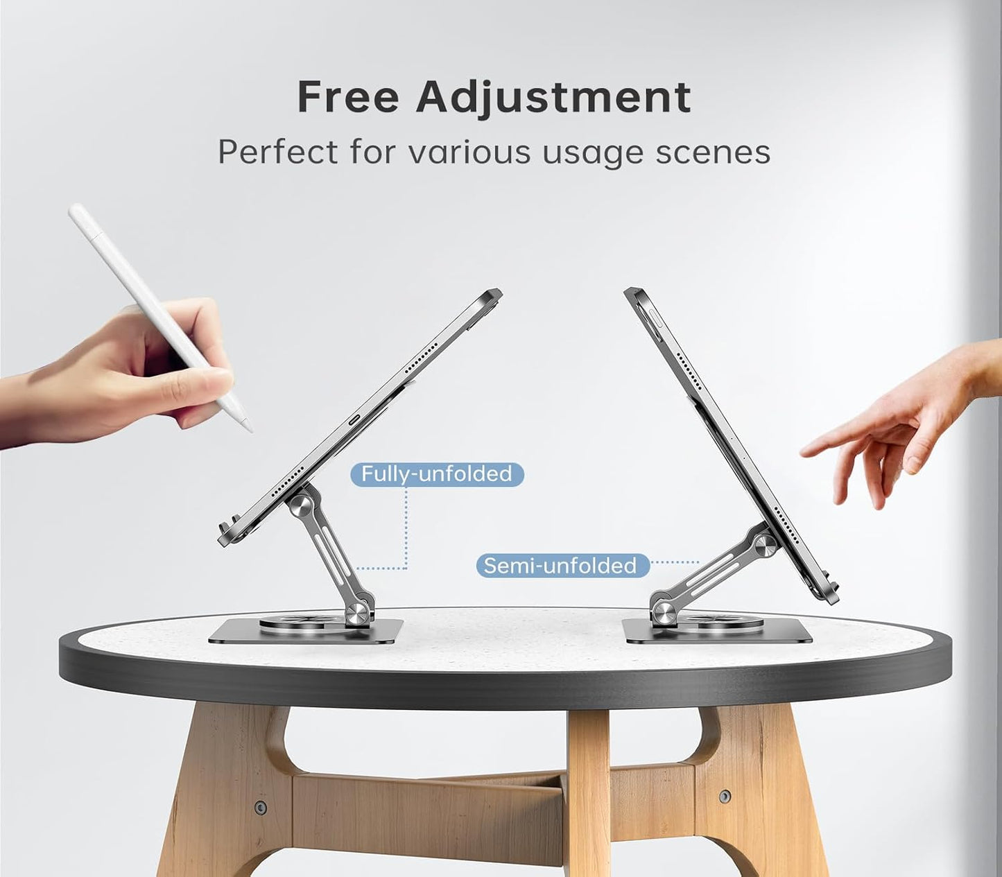 Tablet Stand Holder with 360° Rotating Base Dual Rod Aluminum Adjustable Tablet Stand for Desk Compatible with iPad Samsung Phone Kindle E-Reader and More, Black