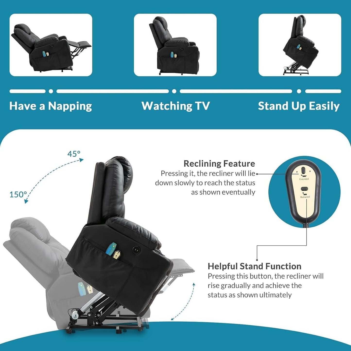 Black Leather Electric Power Lift Recliner Chair with Massage & Heat, Remote Control, USB Ports, Cup Holders & Side Pockets, Adjustable Electric Recliner for Living Room