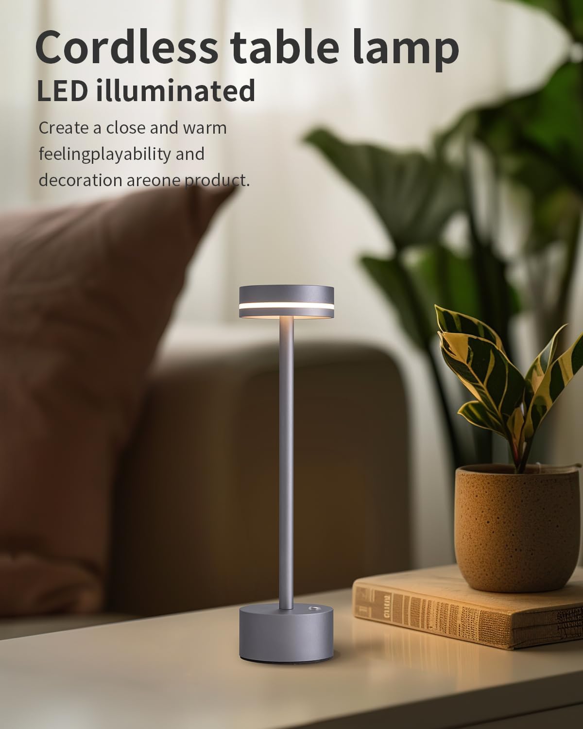 PUSU Portable Table Lamp Battery Powered LED Lamp Cordless Table Lights 3-Level Brightness Touch Control, for Home Office Bedroom Hotel Room Restaurant Outdoor(Gray)
