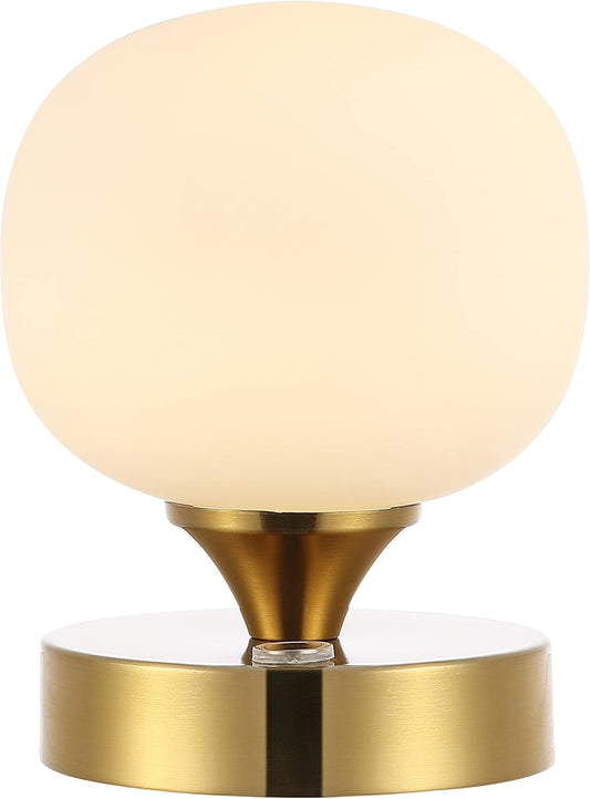 JONATHAN Y 6.13" Brass Gold/White Modern Cordless Rechargeable LED Table Lamp, Frosted White Glass Shade, Touch Dimmable Mini Accent Light for Bar, Bedroom, Nightstand (JYL7112C)