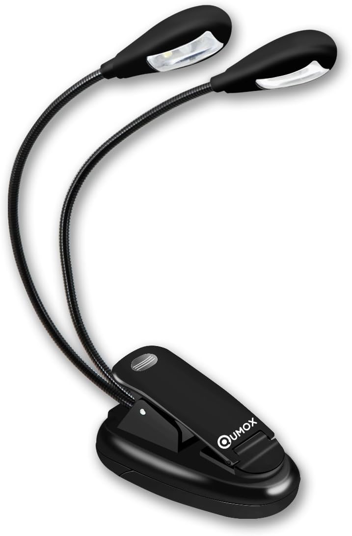 LED Book Light, Portable Music Stand Lights, Dual Head, 4-Level Brightness, USB Cord Included, Daylight White, Clip Light, Task Lighting