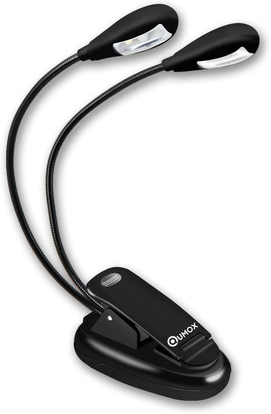 LED Book Light, Portable Music Stand Lights, Dual Head, 4-Level Brightness, USB Cord Included, Daylight White, Clip Light, Task Lighting