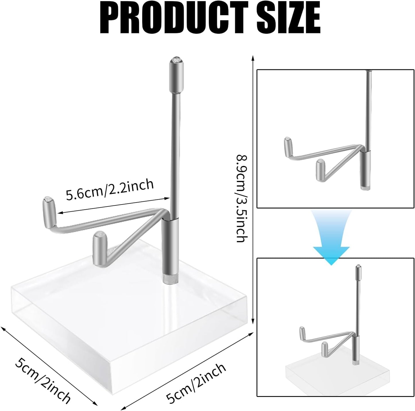 20 Pcs Adjustable Metal Arm Display Stand with Acrylic Base Silver Easel Rock Decorative Plate Holder for Picture Book Mineral Geodes Agate Coral Collection