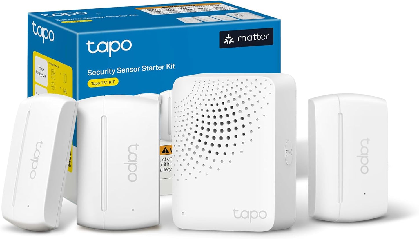 Tapo Door Sensor Starter KIT, Matter Compatible, 3X Smart Door Window Contact Sensor and 1x Smart Hub with Built-in Chime, Smart Automation, Real-Time Notification, T31 KIT