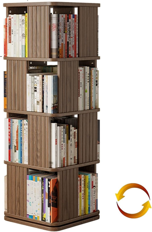 360° Rotating Corner Bookshelf - 4-Tier Space-Saving Bookcase with 30cm Shelf Spacing for Living Room & Study - Stylish Brown Home Storage Solution