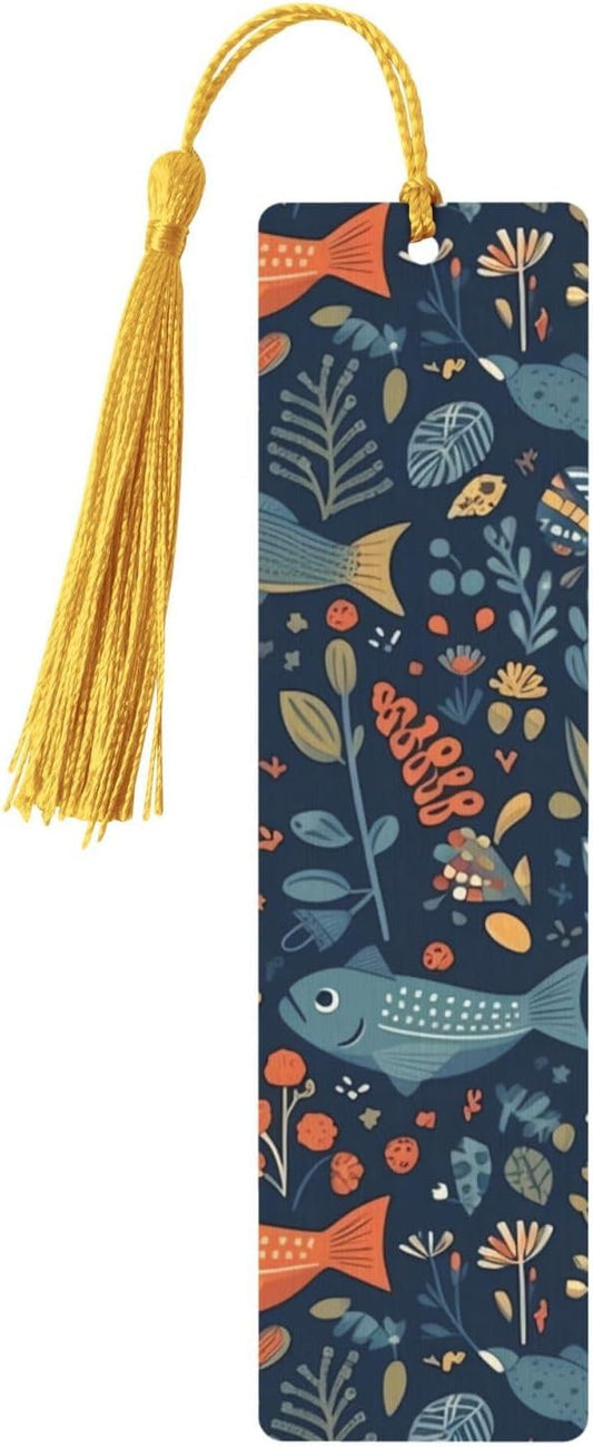 Small Fish and Plants Bookmarks Gifts for Women Men, Wooden Bookmarks for Book Lovers, Vintage Book Marks Ornaments with Tassel, Unique Personalized Reading Page Markers Gold