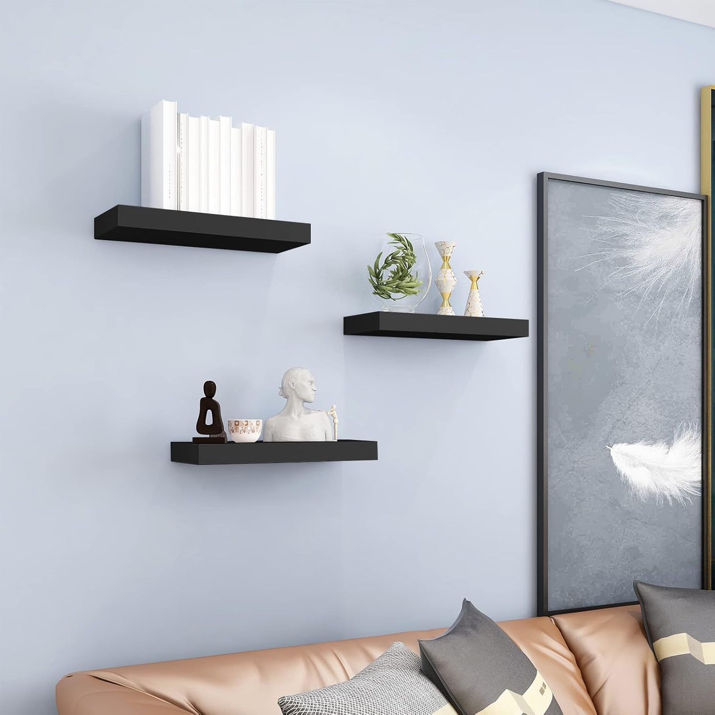 Floating Shelves for Wall Storage, 15 inch Wall Mounted Shelves Set of 3, Wood Hanging Book Shelf for Living Room, Bathroom, Bedroom, Kitchen, Over Toilet Home Decor, Holder Display (Black)