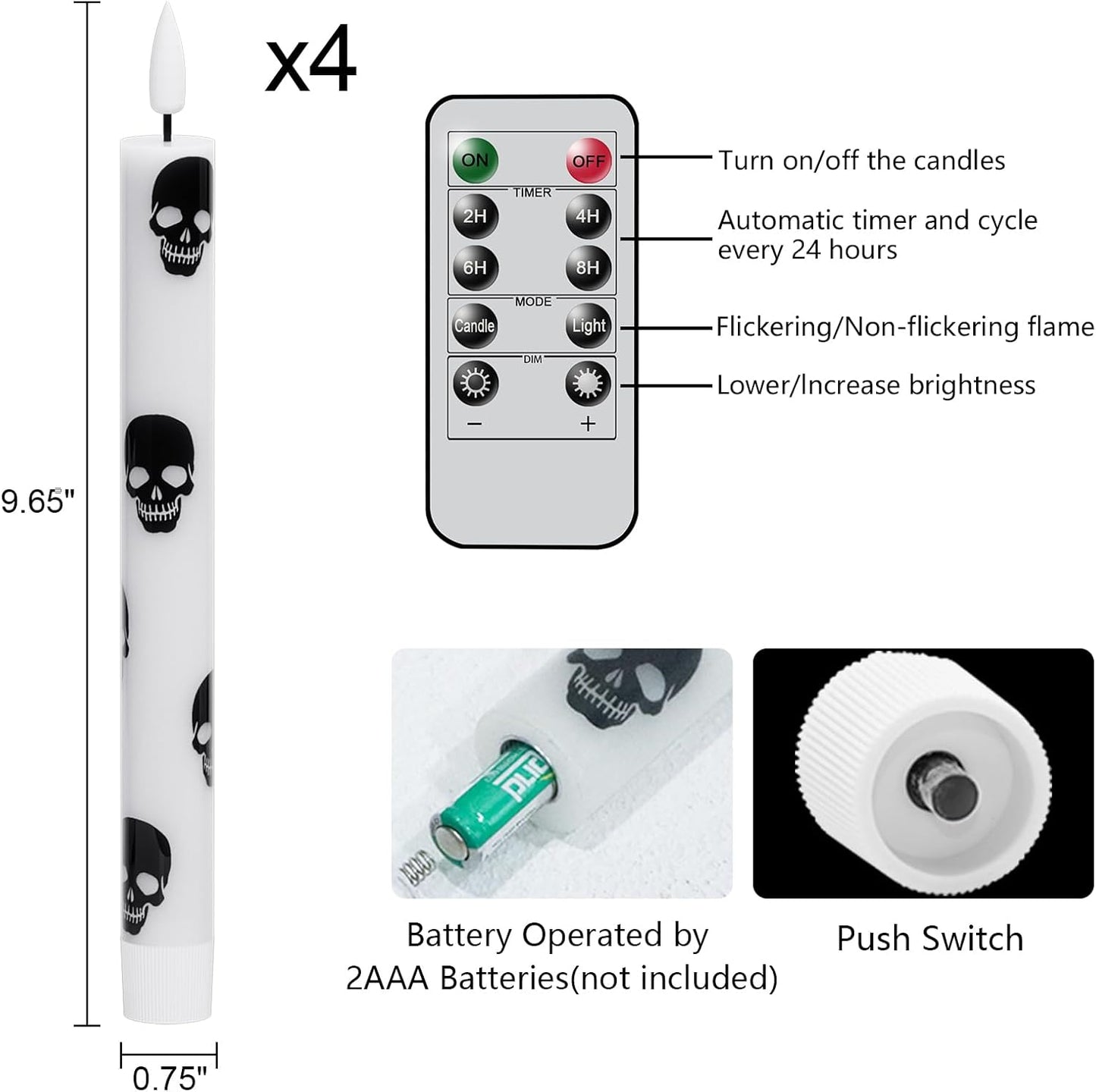 GenSwin Halloween Flameless Taper Candles Remote Timer, 4 Pack Real Wax LED Taper Candles Battery Operated Flickering with Skull Prints, Flameless Candlesticks for Halloween Decor(0.75”x 9.65”)