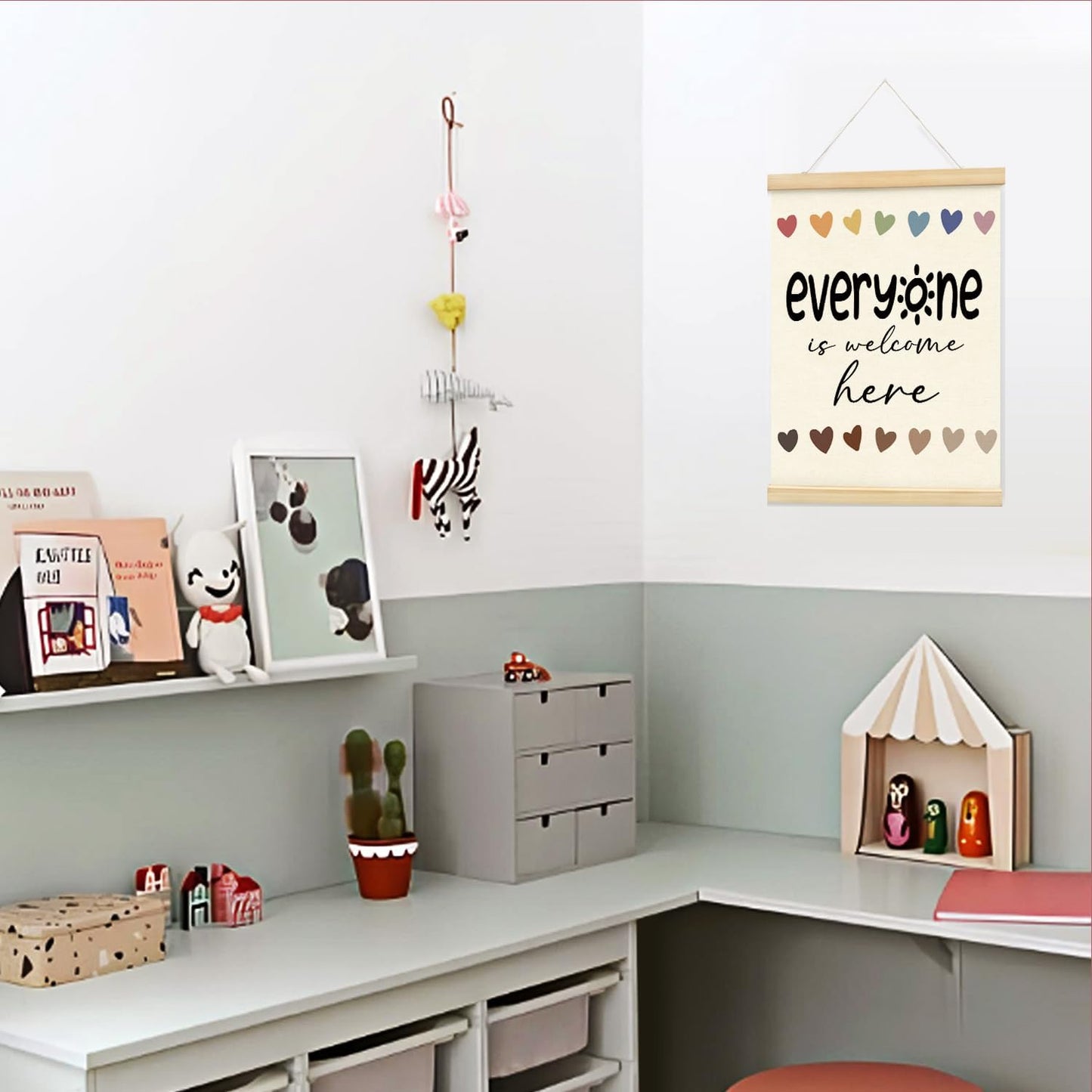 Mtrgdn Everyone is Welcome Classroom Decor,Everyone is Welcome Here Sign,Classroom Door Sign,Back to School Poster Hanger Frame Decor for Teacher Office Counselor Therapy,12x6 Inch