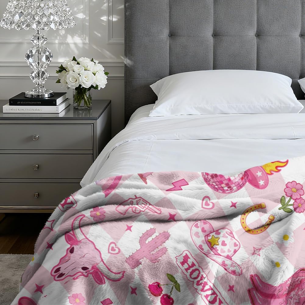 WADORN Western Cowgirl Throw Blanket, Hot Pink Funky Groovy Blankets Gifts for Women Cowboy Hat Boots Fuzzy Soft Flannel Fleece Blanket for Bedroom Holiday Home Living Room Sofa Bed Couch, 50''x60''