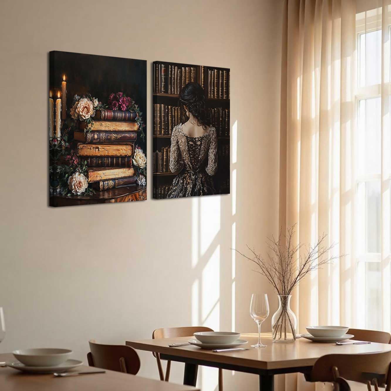 BJYCHG 2Pcs Vintage Women Reading Wall Art Moody Flower Books Canvas Prints Victorian Woman Pictures Dark Academia Aesthetic Paintings Bedroom Office Decor Framed (Black, (12x16inx2 Pieces))