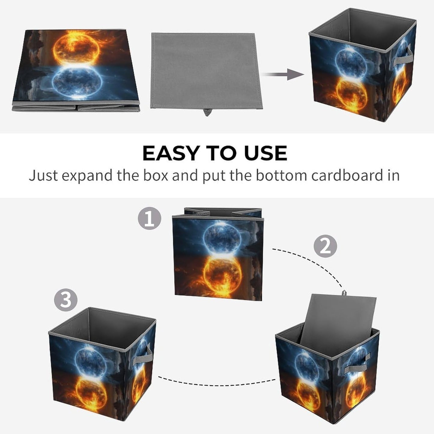 Fire And Water Planets Storage Bins with Handles Fashion Large Storage Cubes Sturdy Foldable Storage Boxes Space-Saving Storage Baskets for Home Office Clothes Closet Organizers